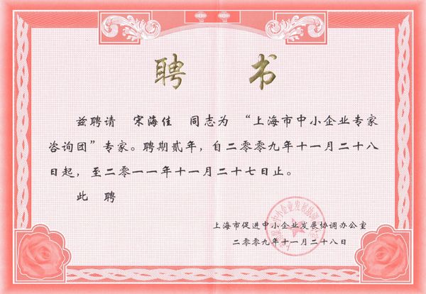 我所宋海佳律师被聘为“上海市中小企业专家咨询团”专家